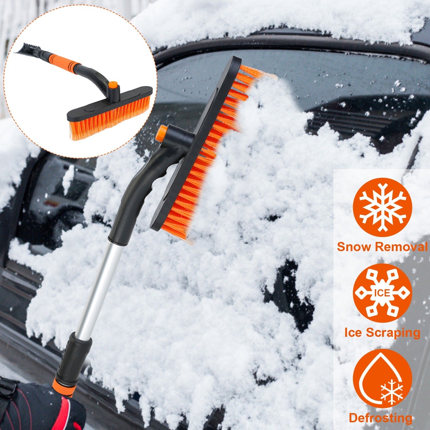 3 Color Options -- 1Pc 3 In 1 Windshield Ice Scraper Extendable Car Snow Removal Tool Telescoping Car Broom Snow Shovel Automobile Frost Removal
