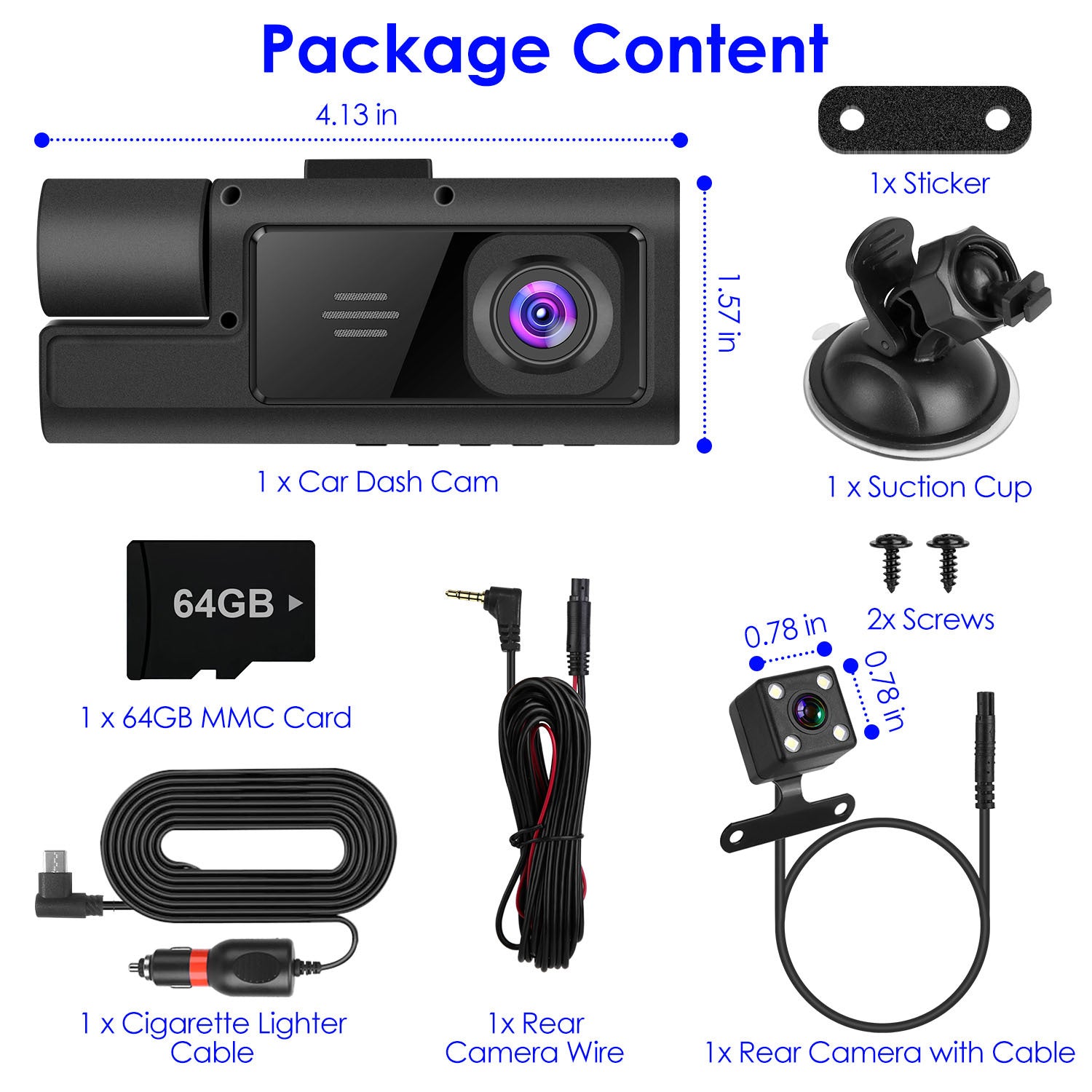 1Pc WiFi FHD 1080P Car Dash Cam 3 Channels Front Rear Inside Dash Camera With Loop Recording Reversing Visual 170 Degree Wide Angle 64G Card Included