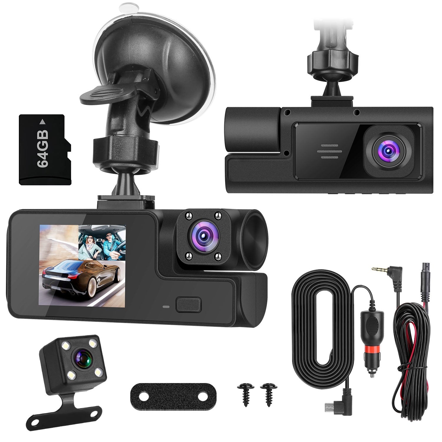 1Pc WiFi FHD 1080P Car Dash Cam 3 Channels Front Rear Inside Dash Camera With Loop Recording Reversing Visual 170 Degree Wide Angle 64G Card Included