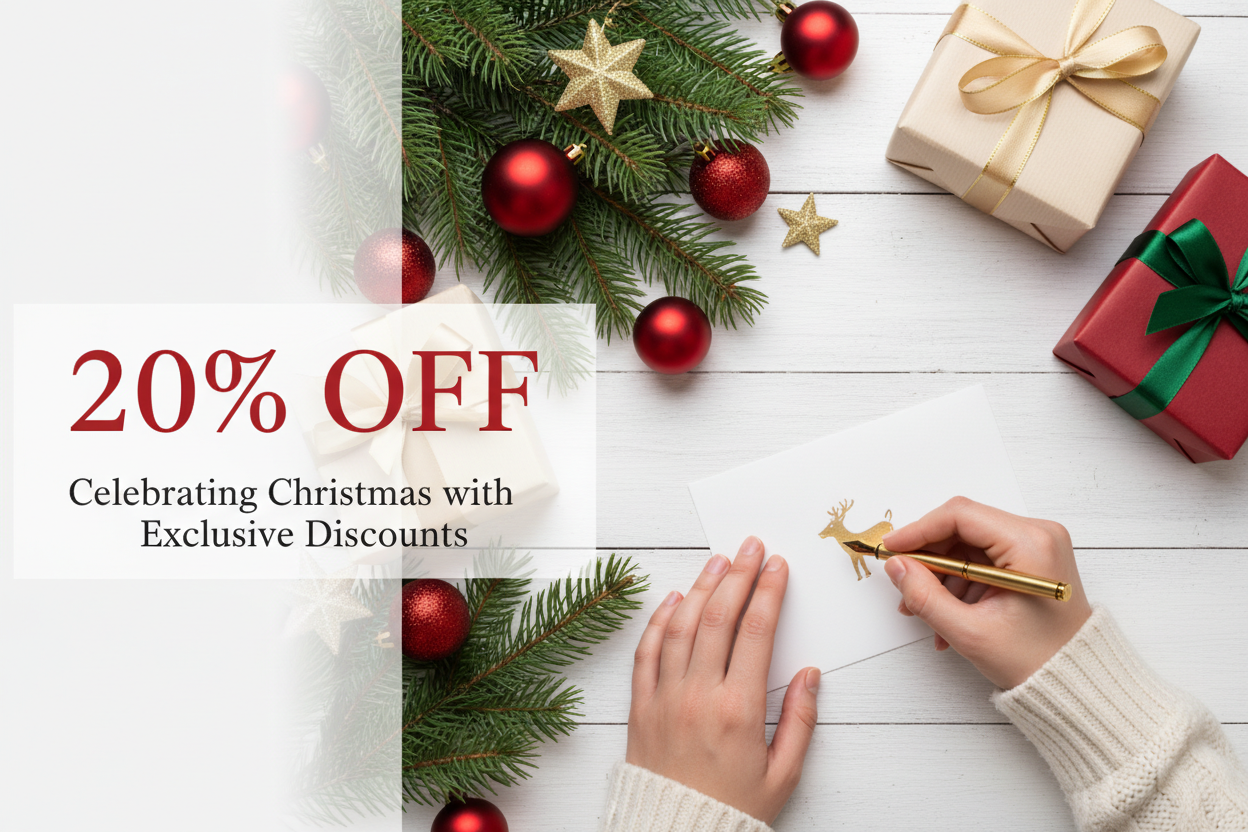 Create a modern and minimalistic Shopify hero banner inspired by a cozy Christmas scene with pine branches, red ornaments, and gift boxes on a white wooden background. On the left side, add elegant text that says “20% OFF” and below it, write “Celebrating Christmas with Exclusive Discounts” in smaller clean typography. Keep the right side focused on the festive elements like hands writing a card, gifts, seasonal look. Christmas colors, and a slight overlay for premium readability. make responsive for phone