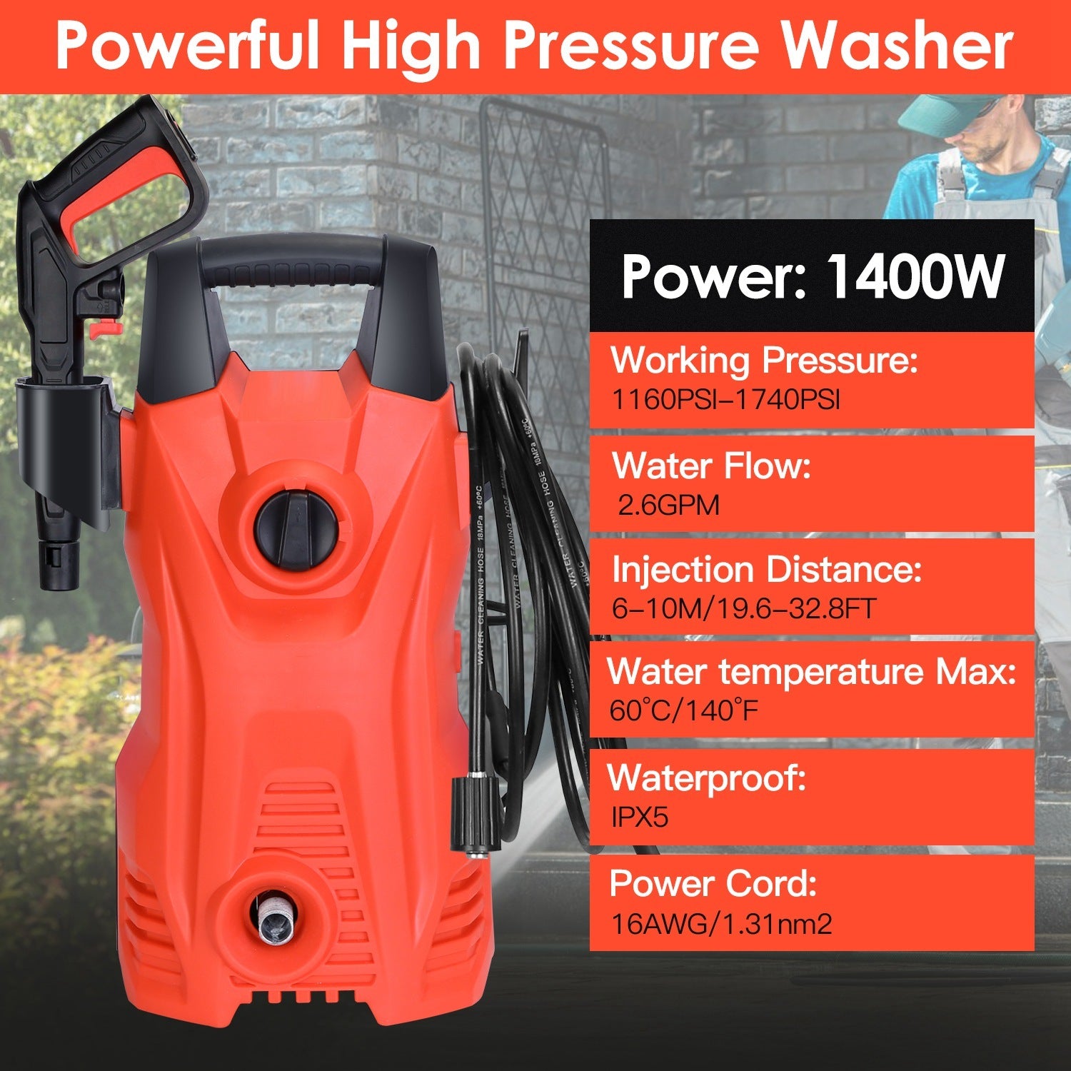 1Pc Electric High Pressure Washer 1740PSI  Powerful Car Washer Pressure Cleaner With Adjustable Spray Nozzle Soap Dispenser IPX5 Waterproof For Patio Garden Driveway